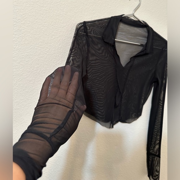 SHEIN Sheer Long Sleeve V-Neck Collared Mesh Black Crop Top EUC - Picture 5 of 9